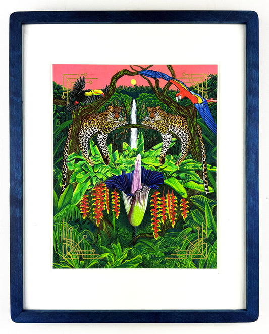 Framed artwork of leopards in a jungle with a waterfall and colorful birds.