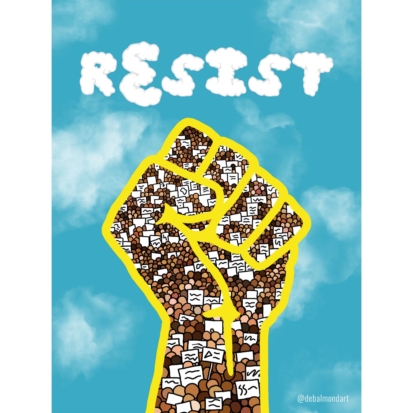 A political illustration featuring a large, yellow-outlined raised fist against a bright blue sky with clouds. The fist is composed entirely of a dense crowd of diverse people holding small protest signs. The word "RESIST" is spelled out in white, puffy clouds above the fist.