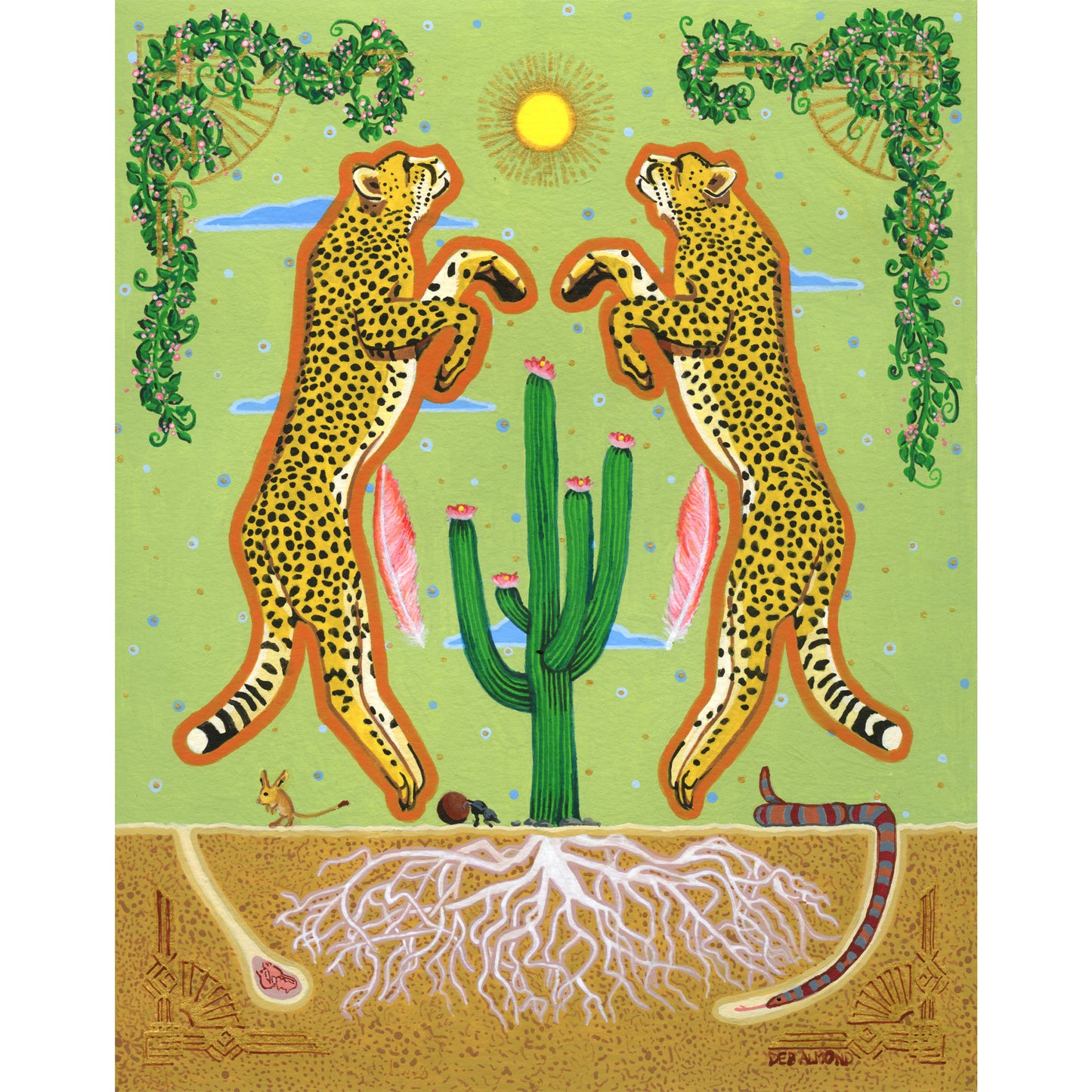 A colorful illustration shows two stylized cheetahs with tan fur and black spots standing upright, facing each other over a green cactus with pink blooms. The background features a light green sky with a yellow sun, blue clouds, and decorative green vines. Below the ground, white roots are visible in the brown soil, along with a desert mouse, a dung beetle, and a snake.