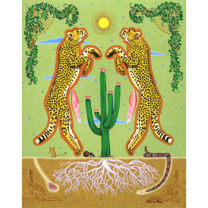 A colorful illustration shows two stylized cheetahs with tan fur and black spots standing upright, facing each other over a green cactus with pink blooms. The background features a light green sky with a yellow sun, blue clouds, and decorative green vines. Below the ground, white roots are visible in the brown soil, along with a desert mouse, a dung beetle, and a snake.