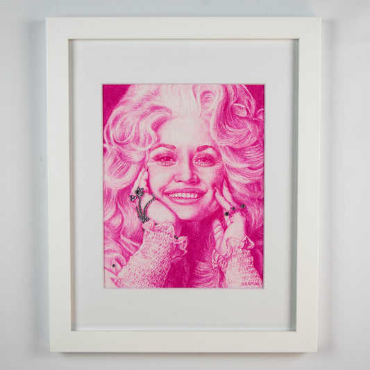 Retrato de Dolly Parton con adorno de diamantes de imitación