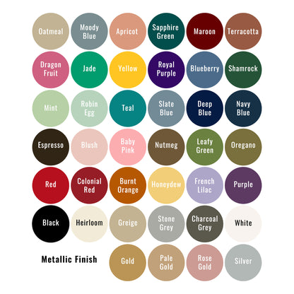 A color chart showing many labeled color circles arranged in a grid on a white background, including oatmeal, moody blue, apricot, sapphire green, maroon, terracotta, dragon fruit, jade, yellow, royal purple, blueberry, shamrock, mint, robin egg, teal, slate blue, navy blue, espresso, blush, baby pink, nutmeg, leafy green, oregano, red, colonial red, burnt orange, honeydew, french lilac, purple, black, heirloom, greige, stone gray, charcoal grey, white, gold, pale gold, rose gold, and silver.