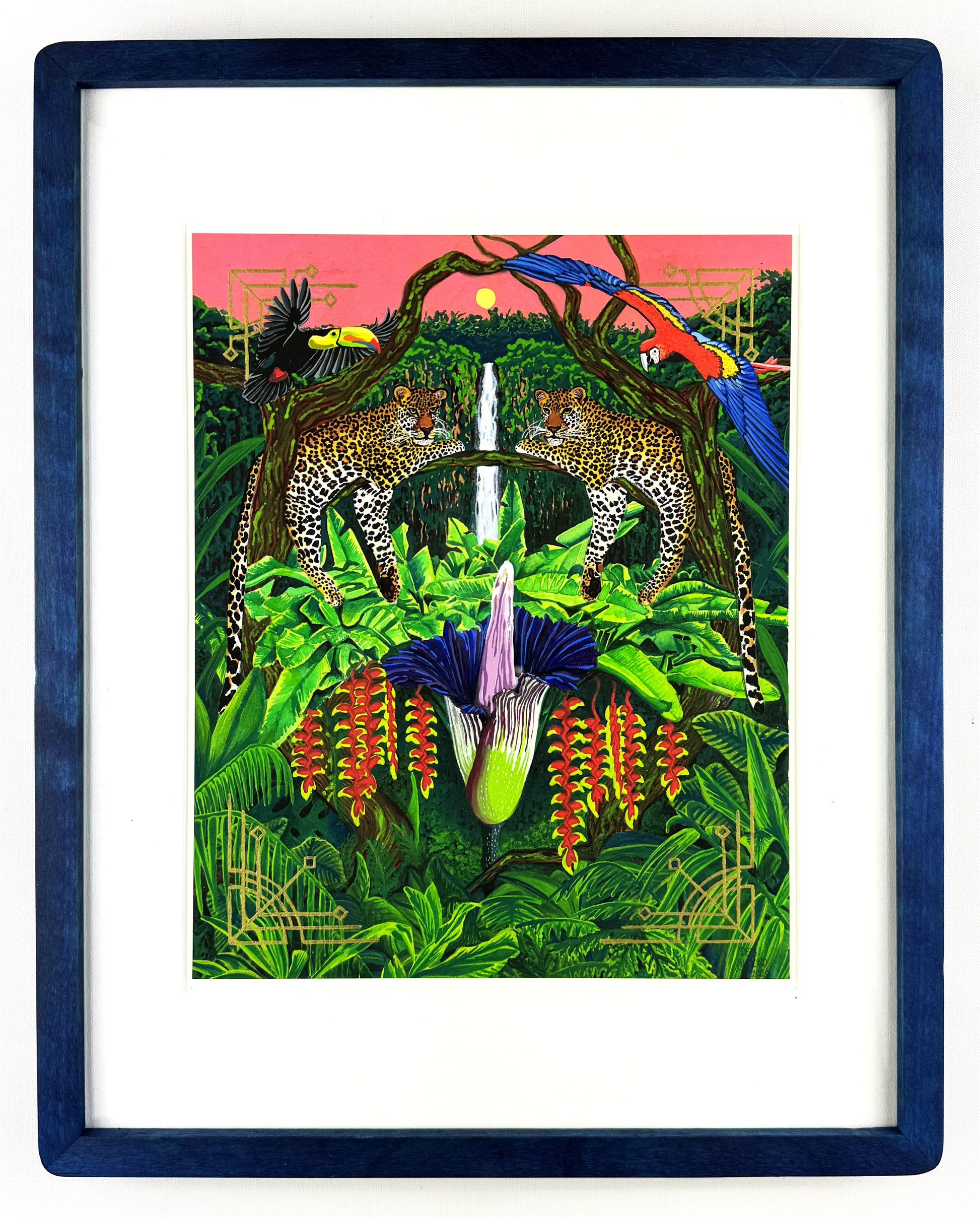 Framed artwork of leopards in a jungle with a waterfall and colorful birds.