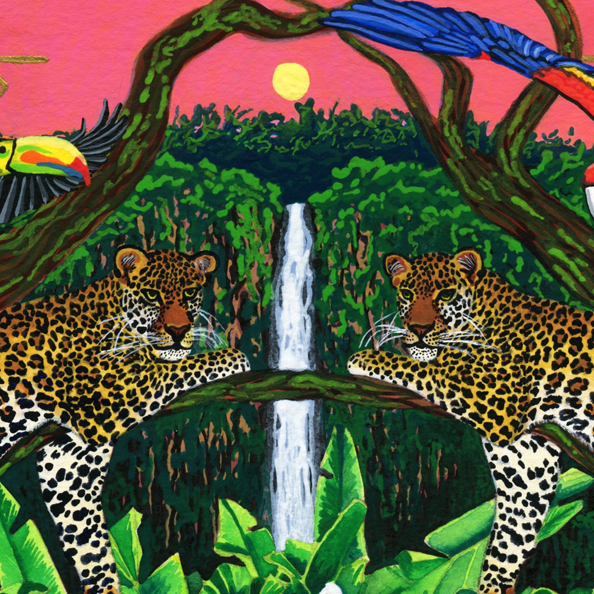 Two leopards in a jungle setting with a waterfall and colorful parrot.