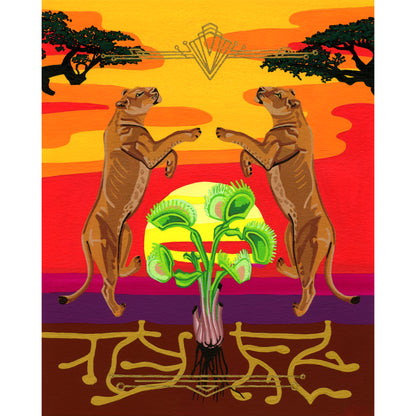 A colorful surreal artwork showing two leaping lions facing a large green venus flytrap plant, with an orange and red sunset sky, stylized trees, and abstract gold symbols at the bottom.