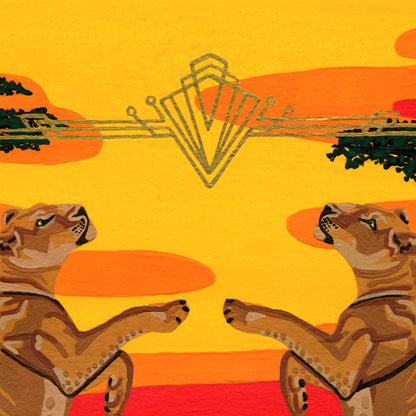 A stylized illustrated scene showing two large cats facing each other, set against a bright yellow and orange background with a geometric emblem above and dark tree silhouettes at the sides.