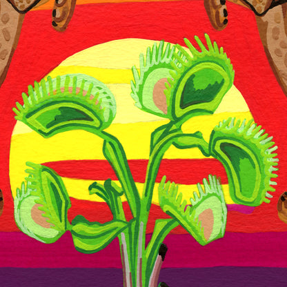 A colorful painted illustration of a venus flytrap plant in bright green tones, set against a bold sunset background with red, yellow, and pink horizontal bands.