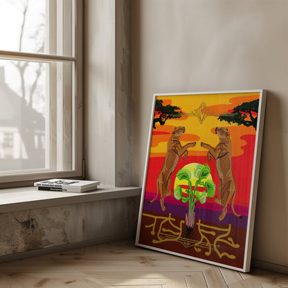 A framed colorful art print leaning against a beige wall on a wooden floor next to a window. The artwork features two lionesses facing each other under a bright yellow and orange sky, with a venus flytrap in the center and stylized black and gold details.