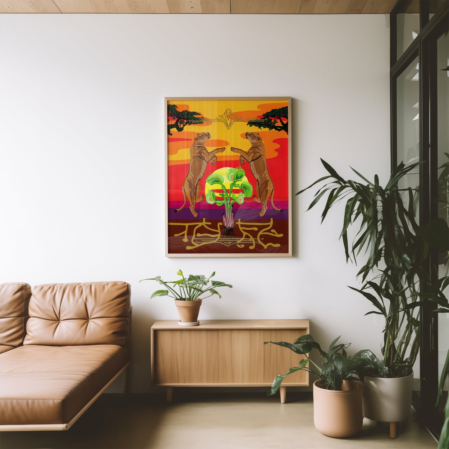 A colorful framed art print depicting two lions under a sunset sky, displayed on a white wall in a modern living room setting with a leather sofa and potted plants.