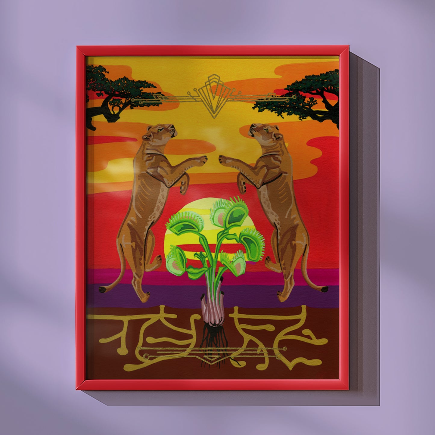 A framed art print featuring a stylized scene of two lions facing each other in front of a sunset, with a green plant in the foreground and a red frame, displayed against a lavender wall.