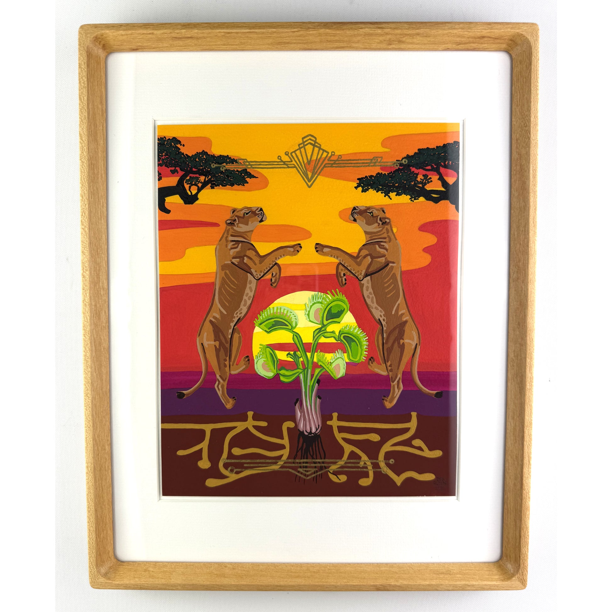 Framed art print featuring two leaping lions facing a central Venus flytrap against a warm sunset sky, enclosed in a light wood frame with a white mat.