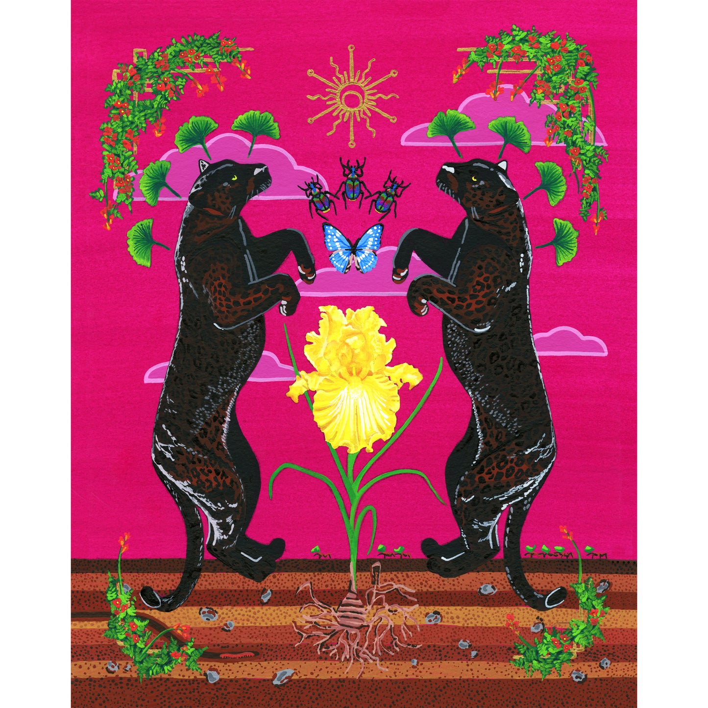 Full giclée art print on a vibrant magenta background featuring two black panthers rearing up symmetrically around a blooming yellow iris. Above them are three colorful beetles, a bright blue butterfly, ginkgo leaves, and a gold celestial sun motif, while below ground displays detailed layered soil, rocks, and plant roots.