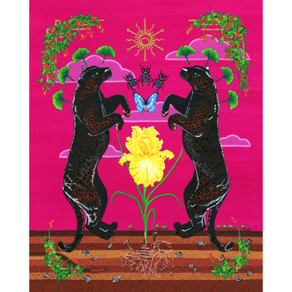 Full giclée art print on a vibrant magenta background featuring two black panthers rearing up symmetrically around a blooming yellow iris. Above them are three colorful beetles, a bright blue butterfly, ginkgo leaves, and a gold celestial sun motif, while below ground displays detailed layered soil, rocks, and plant roots.