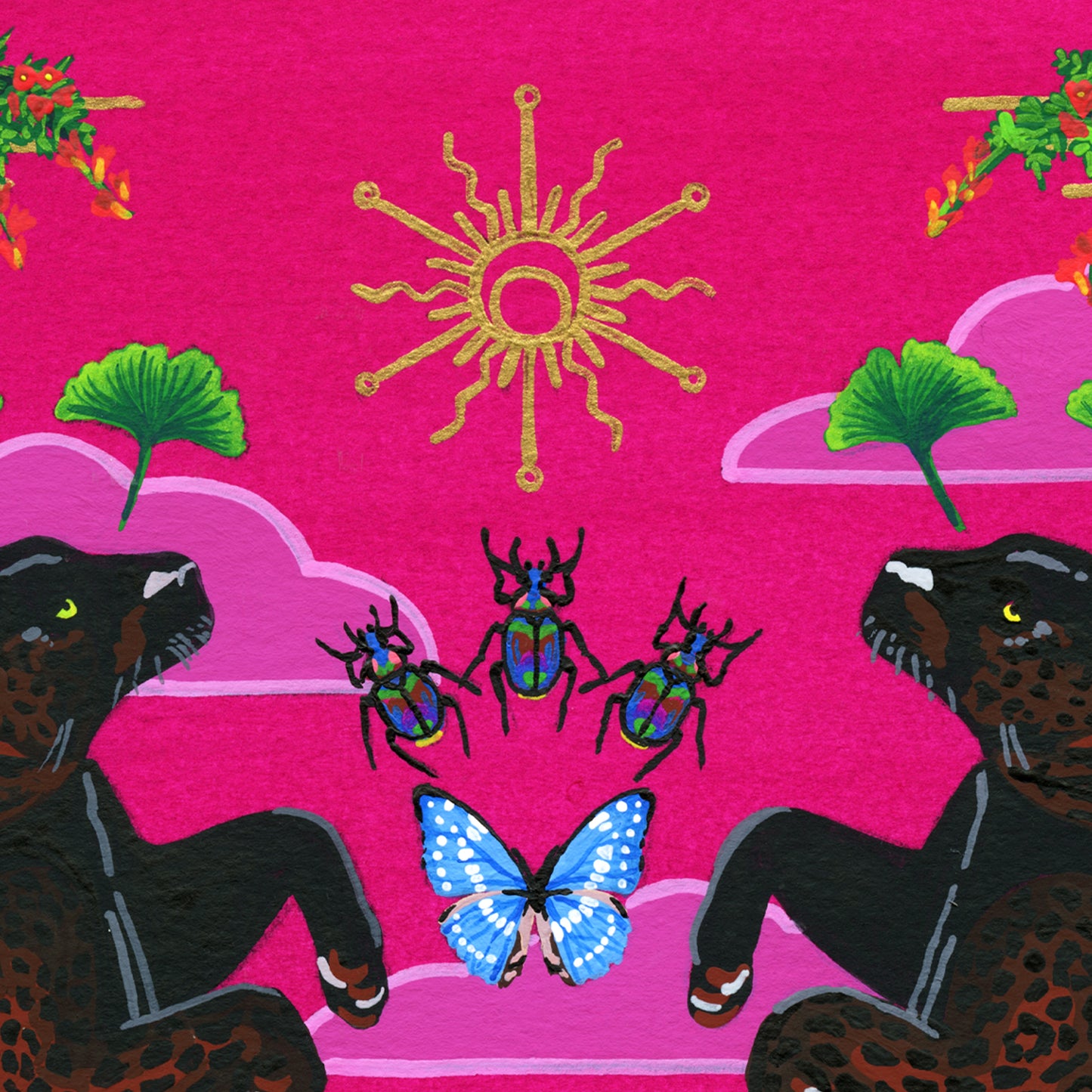 Close-up detail of the giclée print showing the heads of the two black panthers facing each other beneath three iridescent beetles, a vibrant blue butterfly, and a golden sun motif against a hot pink background with pink clouds.
