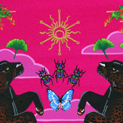 Close-up detail of the giclée print showing the heads of the two black panthers facing each other beneath three iridescent beetles, a vibrant blue butterfly, and a golden sun motif against a hot pink background with pink clouds.