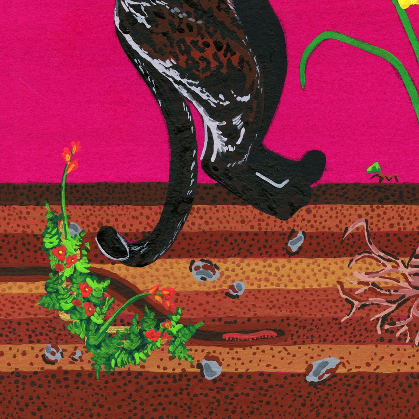 Close-up detail of the lower section of the print featuring the hind paw and curved tail of a black panther, flowering vines, rocks, and a tiny red centipede tucked into the stratified soil layer beneath the ground line.