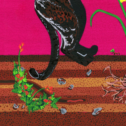 Close-up detail of the lower section of the print featuring the hind paw and curved tail of a black panther, flowering vines, rocks, and a tiny red centipede tucked into the stratified soil layer beneath the ground line.