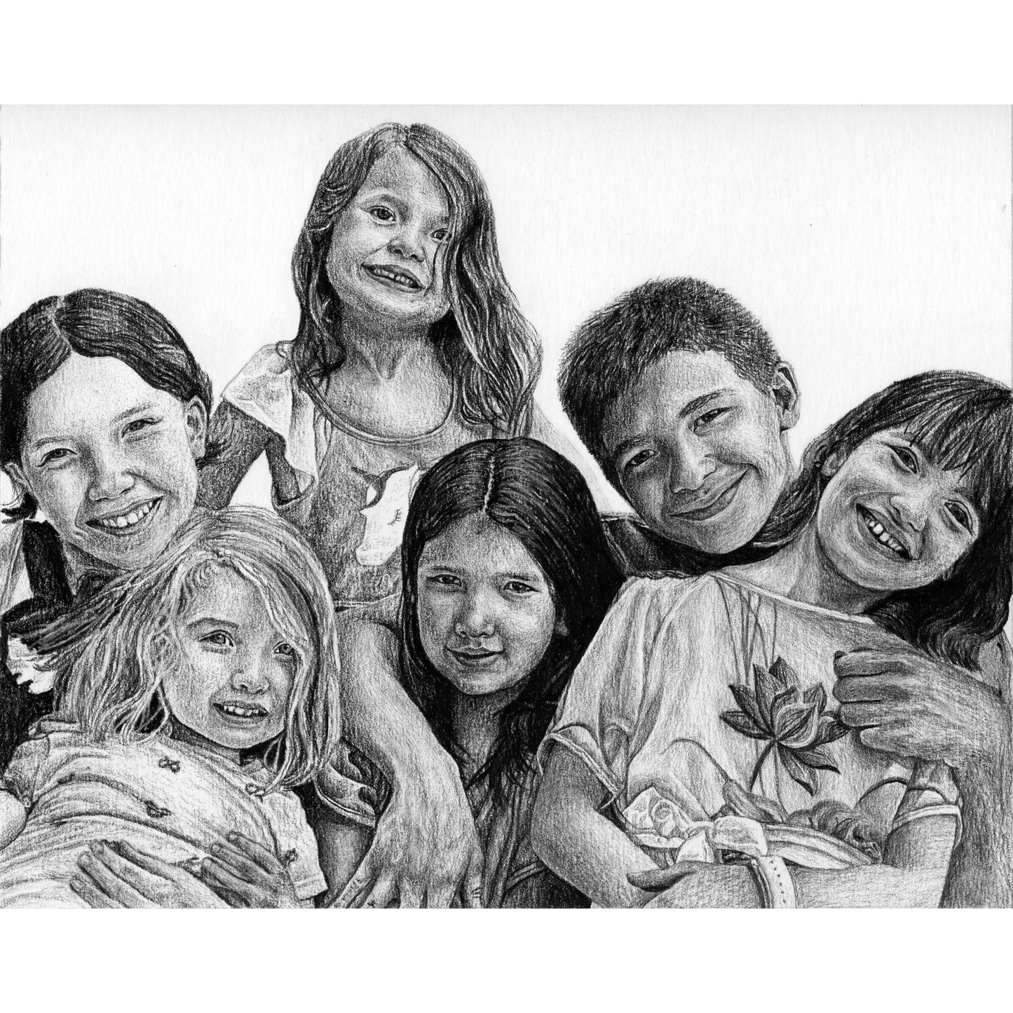 Portrait of a group of 6 children smiling.