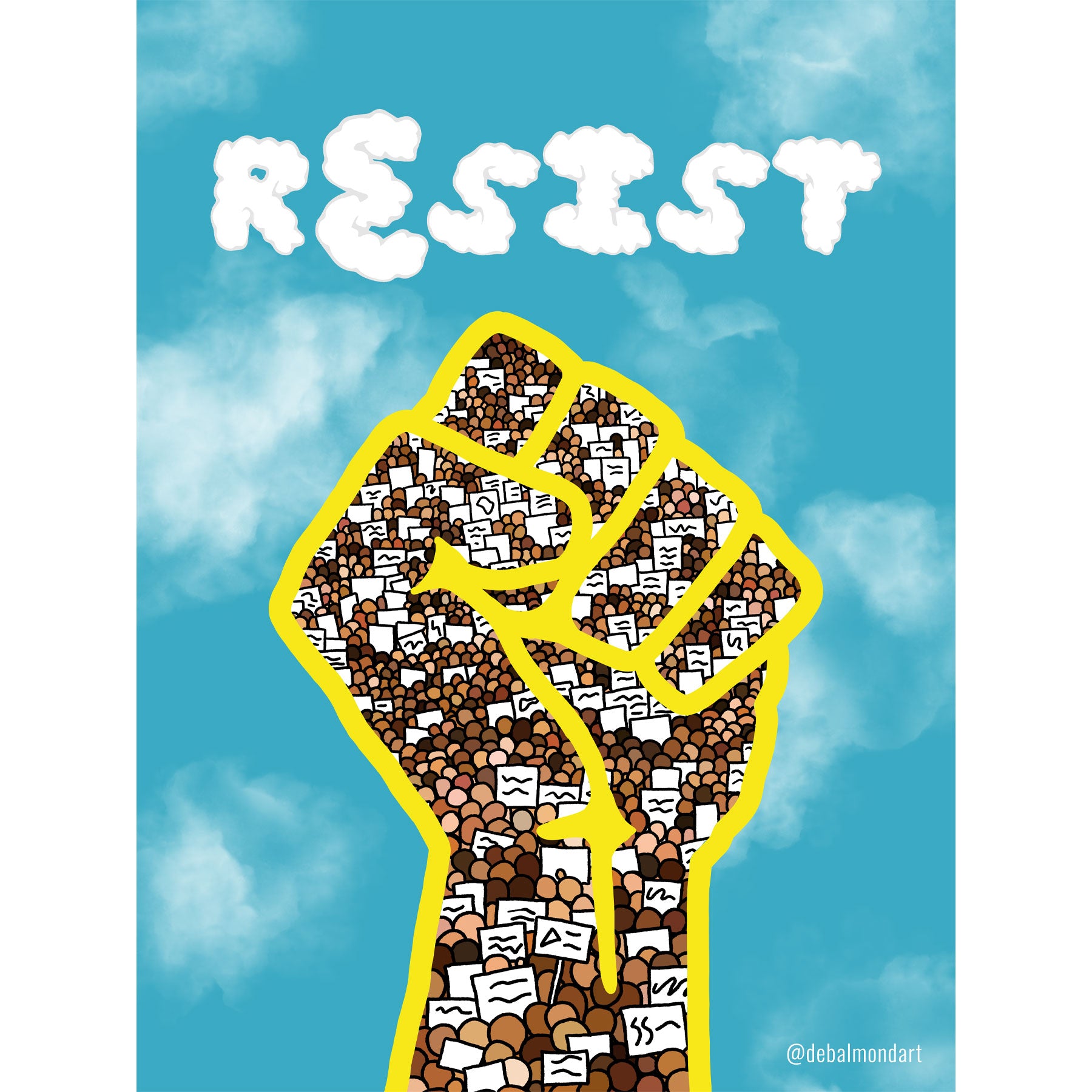 A political illustration featuring a large, yellow-outlined raised fist against a bright blue sky with clouds. The fist is composed entirely of a dense crowd of diverse people holding small protest signs. The word "RESIST" is spelled out in white, puffy clouds above the fist.