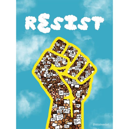 A political illustration featuring a large, yellow-outlined raised fist against a bright blue sky with clouds. The fist is composed entirely of a dense crowd of diverse people holding small protest signs. The word "RESIST" is spelled out in white, puffy clouds above the fist.