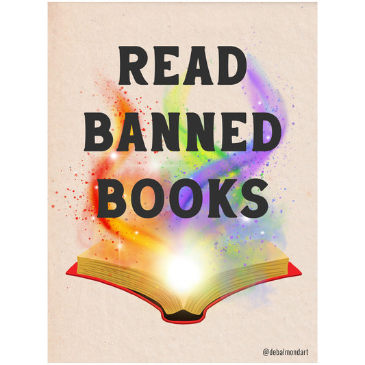 A protest poster with a beige background. The text "READ BANNED BOOKS" is in black. Below, an open red book emits a bright glow and a colorful cloud of smoke. The artist's handle is @debalmondart.
