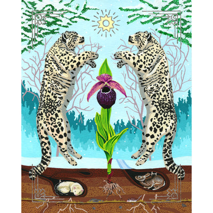 A whimsical illustrated scene showing two leopards stretching upward toward a pink-and-purple flower at the center, with a forest background, sun, and a brown earth layer at the bottom containing eggs and a mouse.