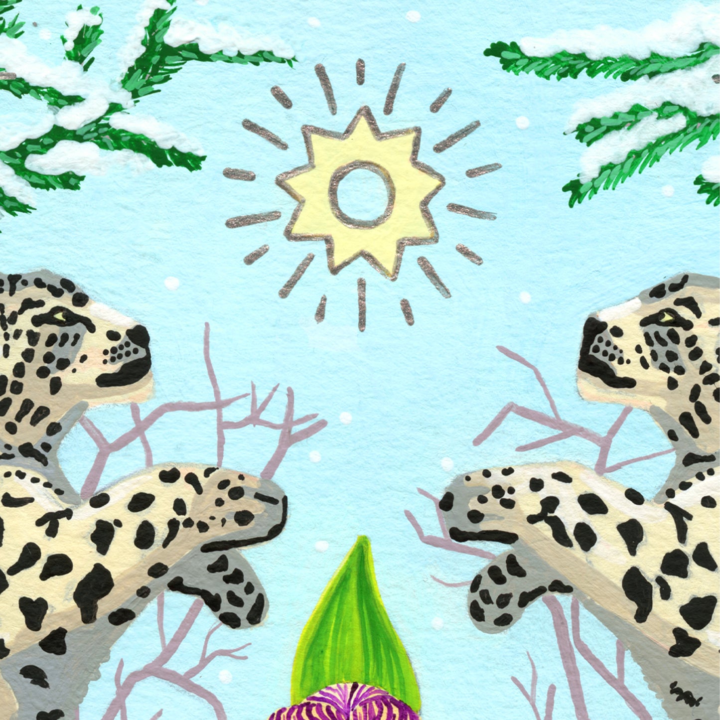 A whimsical winter illustration featuring two spotted big cats in a snowy scene under a yellow sun. The artwork has a light blue sky, green pine branches with white snow, bare pinkish branches, and a green and purple flower at the bottom center.