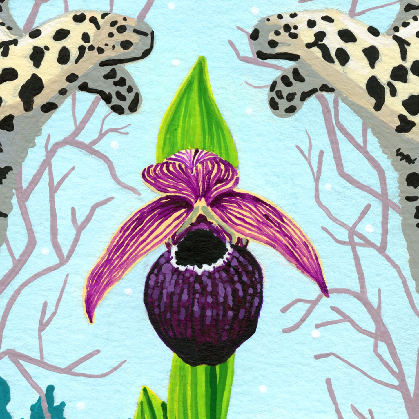 A stylized botanical illustration featuring a purple and magenta slipper orchid centered on a light blue background with pale branch silhouettes and spotted animal heads at the top corners.