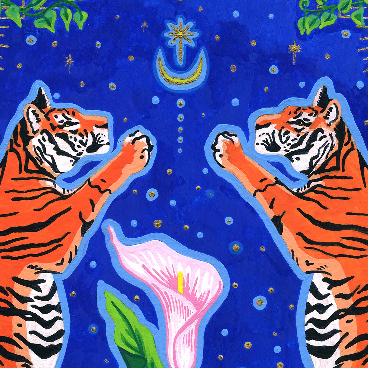 Close-up detail of the giclée print highlighting the upper half of the composition, showing the heads and raised paws of the two tigers, the delicate top of the calla lily, and the gold star and moon motifs surrounded by gold specks against a rich blue backdrop.
