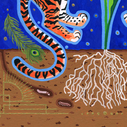 Close-up detail of the lower section of the print featuring a tiger's curved striped tail, a green peacock feather, a subterranean soil layer with white roots, and small earthworms.