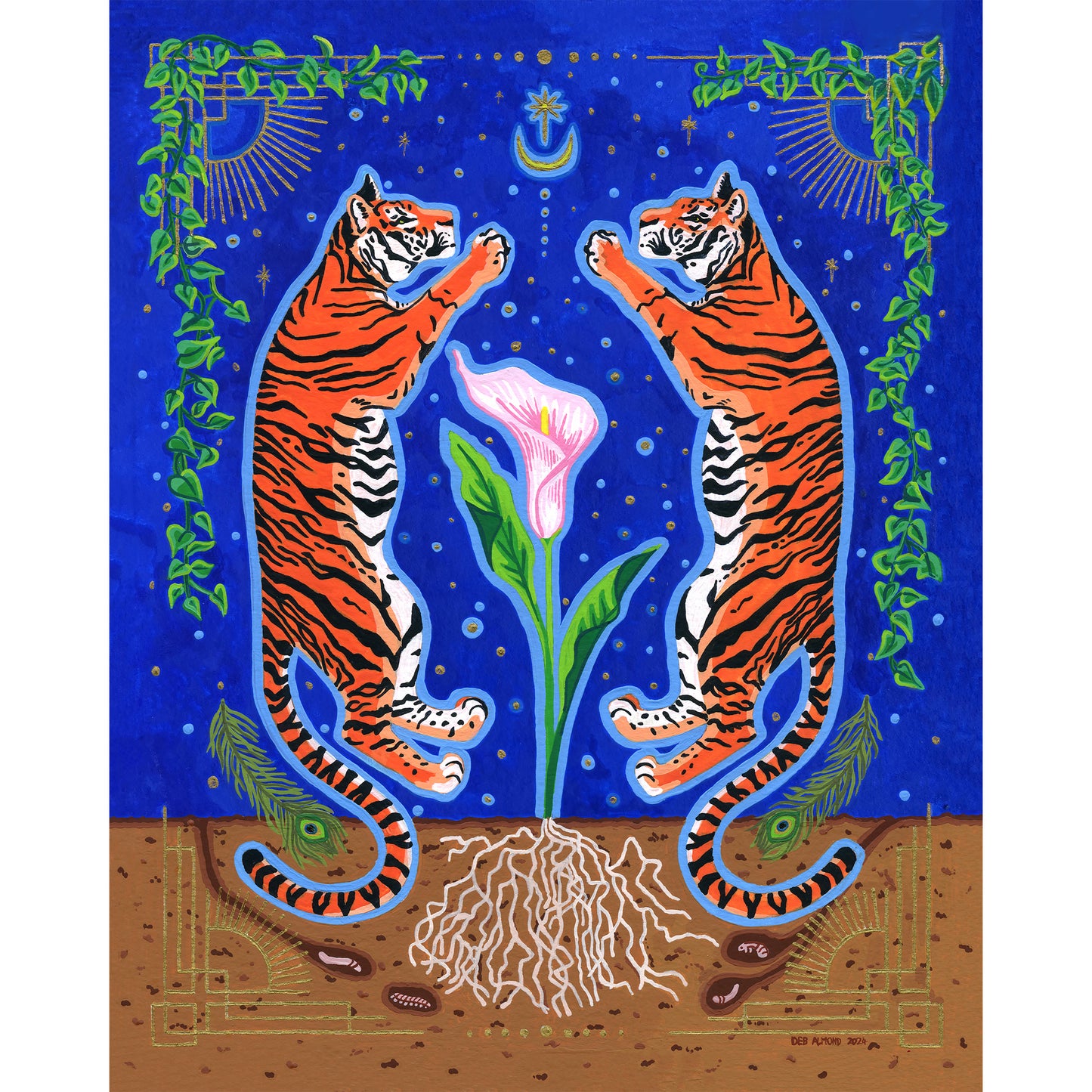 Full giclée art print set against a deep cobalt blue background, featuring two orange-and-black striped tigers rearing up symmetrically around a central pink-and-white calla lily. Above them are gold starbursts, a crescent moon, and hanging green vines, while below ground reveals detailed roots, peacock feathers, and earthworms in layered brown soil.