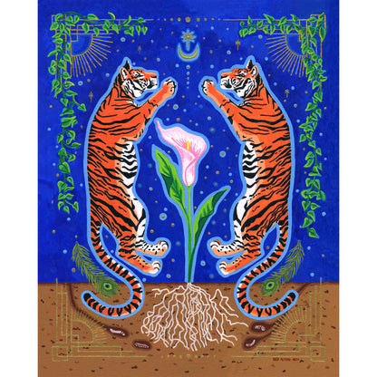Full giclée art print set against a deep cobalt blue background, featuring two orange-and-black striped tigers rearing up symmetrically around a central pink-and-white calla lily. Above them are gold starbursts, a crescent moon, and hanging green vines, while below ground reveals detailed roots, peacock feathers, and earthworms in layered brown soil.