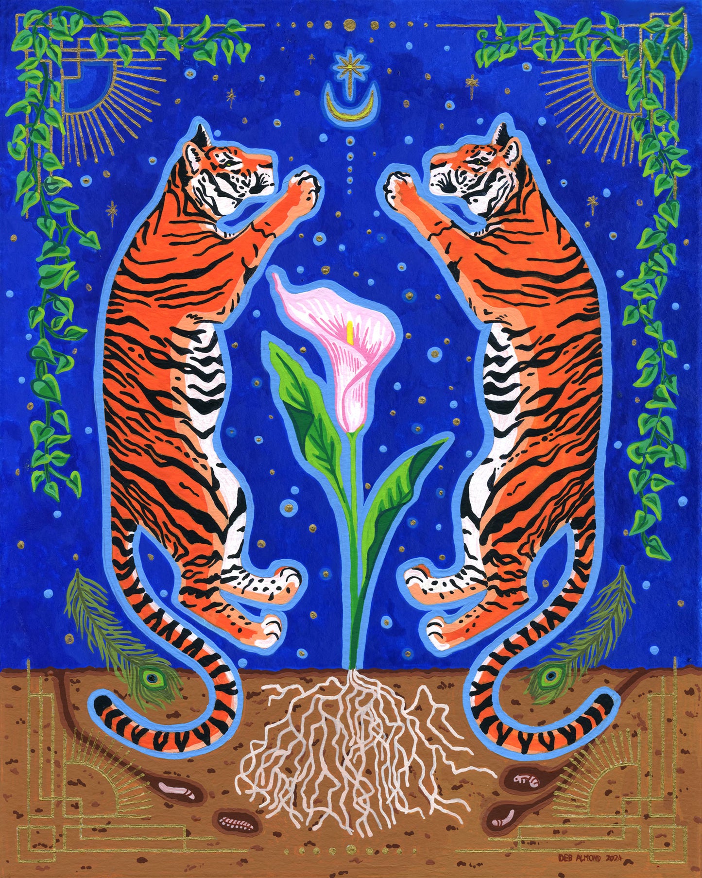 A vibrant illustration features two orange and black striped tigers standing upright and mirroring each other. Between them grows a pink calla lily with green leaves and exposed white roots in brown soil. The background is a deep blue night sky with a crescent moon, stars, and decorative green vines.