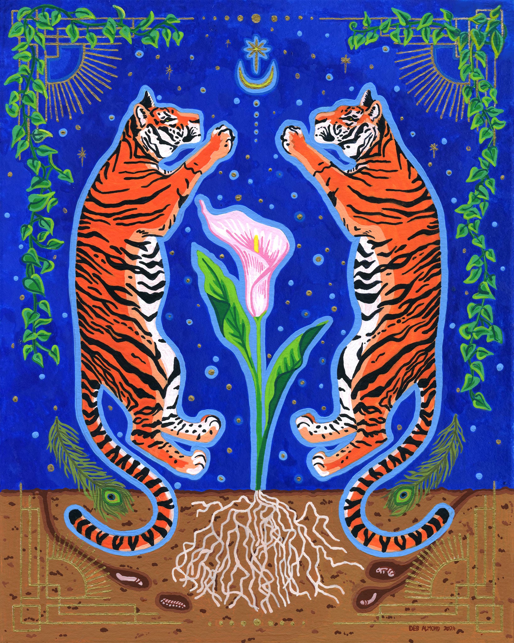 A vibrant illustration features two orange and black striped tigers standing upright and mirroring each other. Between them grows a pink calla lily with green leaves and exposed white roots in brown soil. The background is a deep blue night sky with a crescent moon, stars, and decorative green vines.