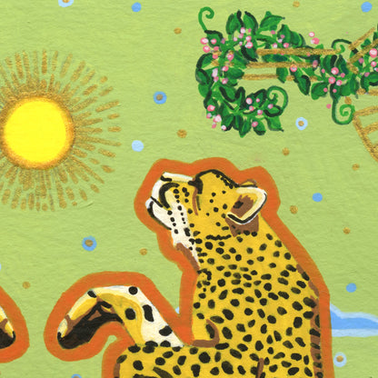 A close-up of a colorful illustrated scene featuring a cheetah in yellow and black, a bright yellow sun, green vines with pink flowers, and small blue dots on a light green background.