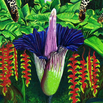 Close-up detail of a purple and green corpse flower flanked by hanging red tropical blossoms and lush green jungle foliage. By Deb Almond Art