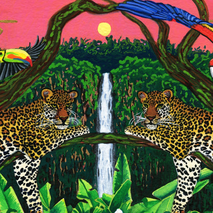 Close-up detail of two jaguars resting on tree branches in front of a tropical jungle waterfall and a glowing yellow sun in a pink sky. By Deb Almond Art