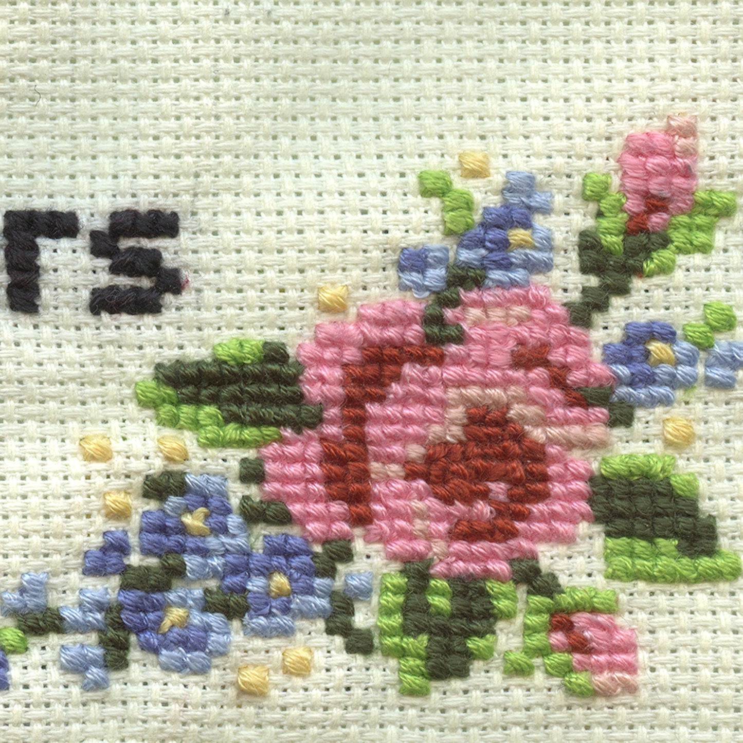 Close up of greeting card with floral cross-stitch reading: Keep Your Filthy Laws Off My Silky Drawers. By Deb Almond Art.