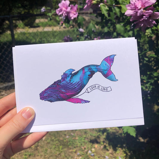 'Love Is Love' Blue Whale Blank Greeting Card - Deb Almond Art