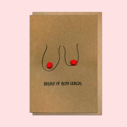 Boob Pun Card 'Breast of Both Worlds' - Candid Almond