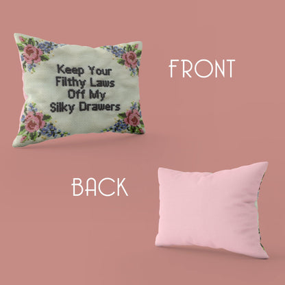 'Keep Your Filthy Laws Off My Silky Drawers' Throw Pillow - Candid Almond