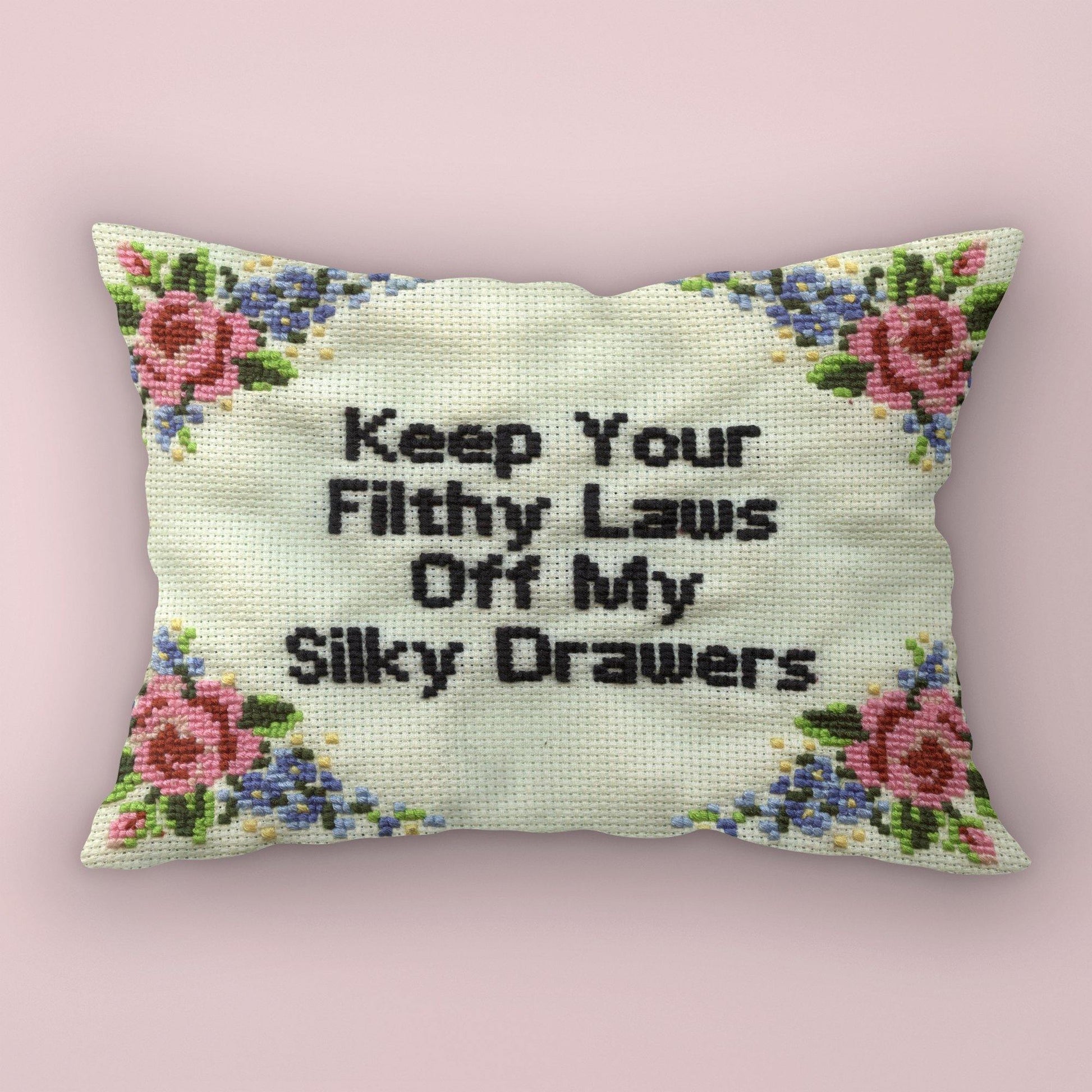 'Keep Your Filthy Laws Off My Silky Drawers' Throw Pillow - Candid Almond