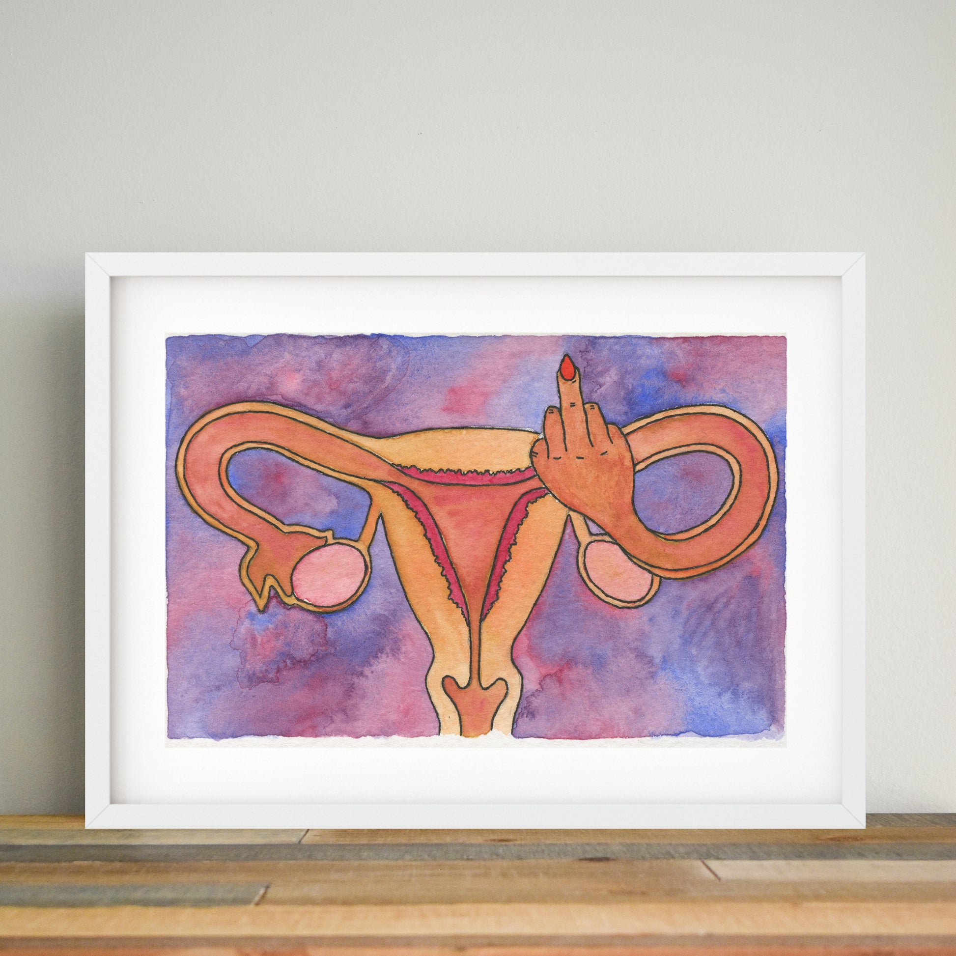 'F*ck Uterus' art print, white frame with mat - Candid Almond