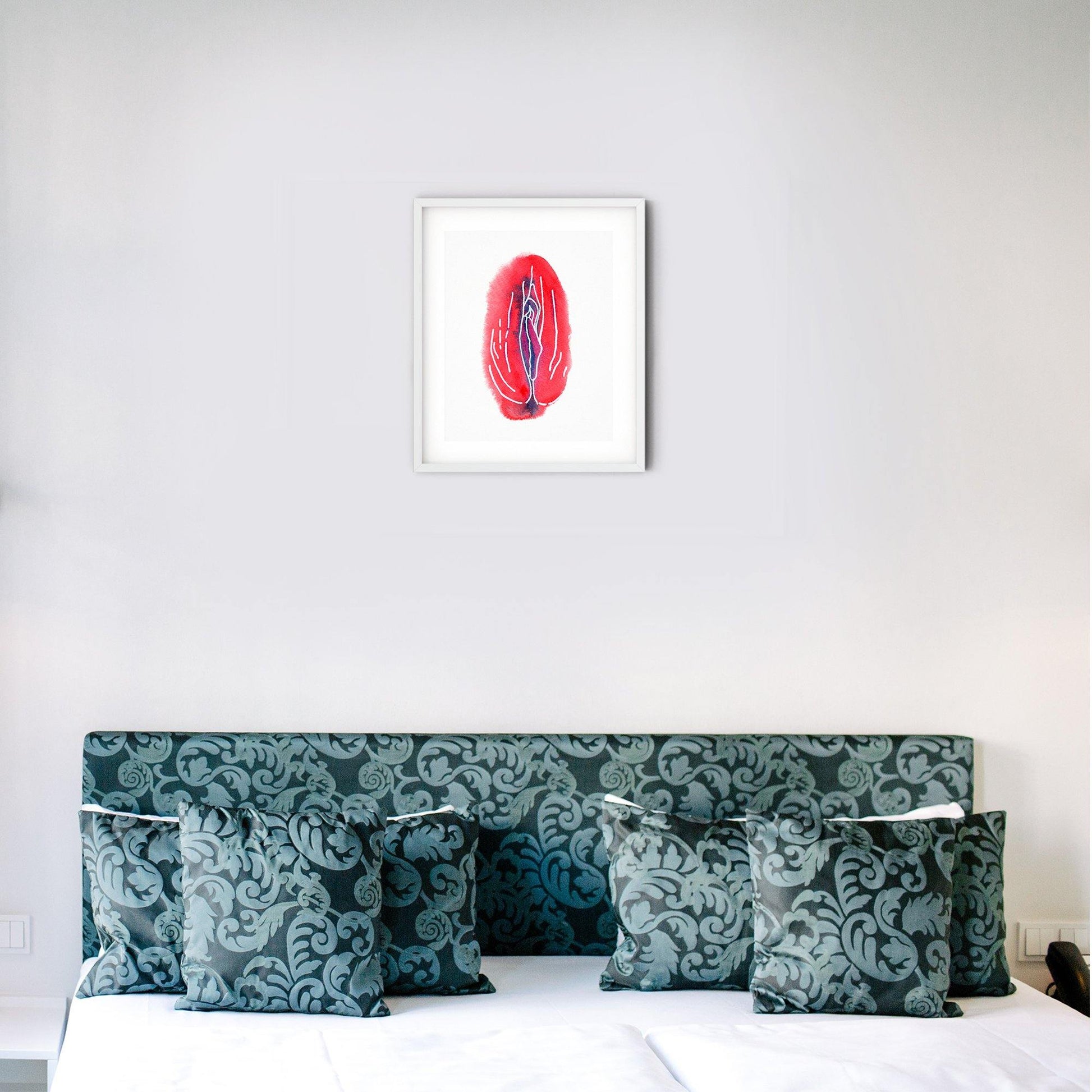 Vulva art print, white frame with mat - Candid Almond