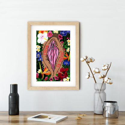 '¡Viva La Vulva!' art print in mid skin tone, framed scene - Candid Almond