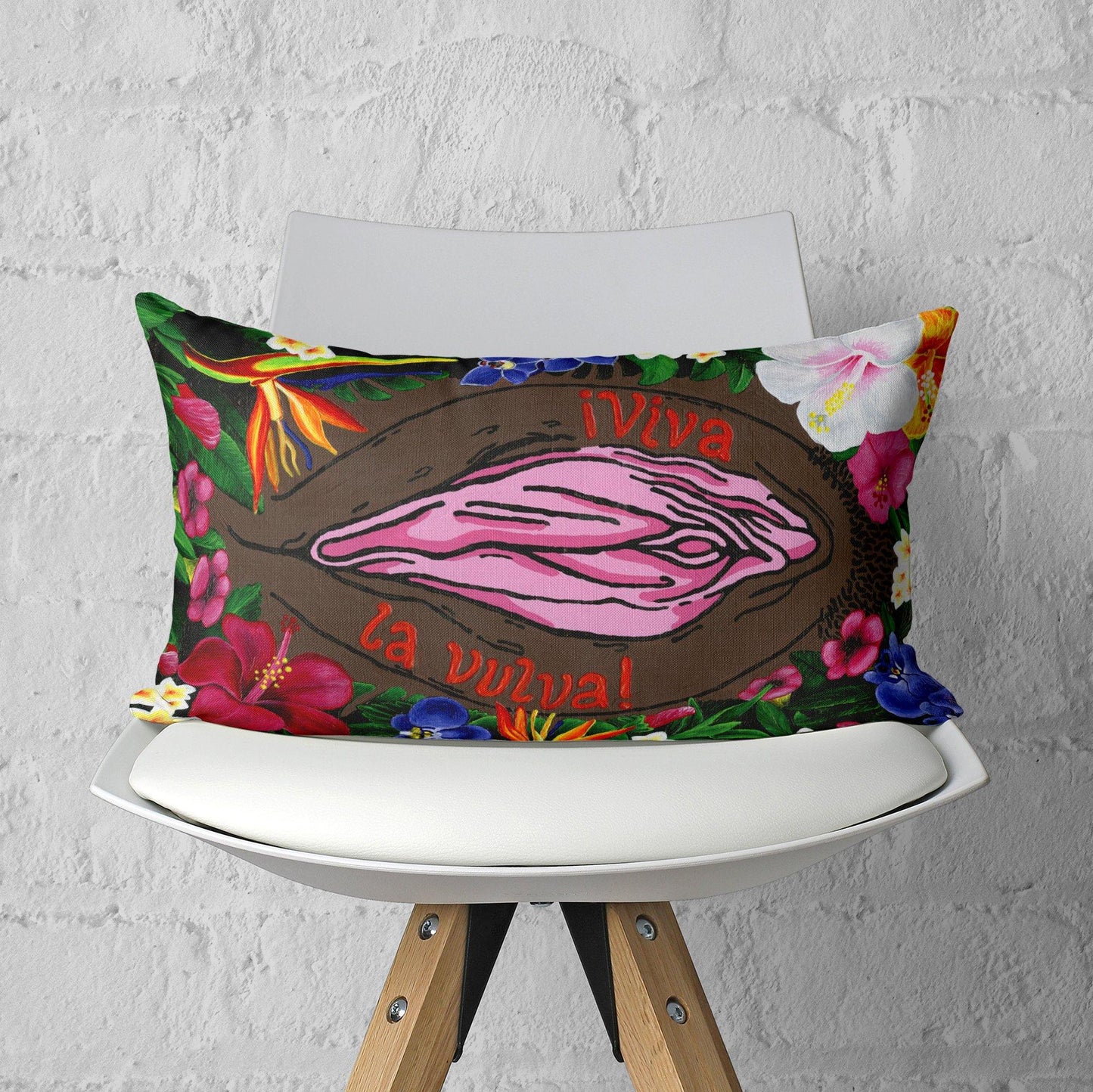 '¡Viva La Vulva!' (Black) Body Positive Throw Pillow - Candid Almond