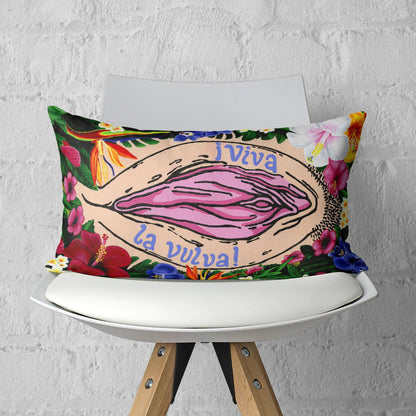 '¡Viva La Vulva!' (White) Body Positive Throw Pillow - Candid Almond