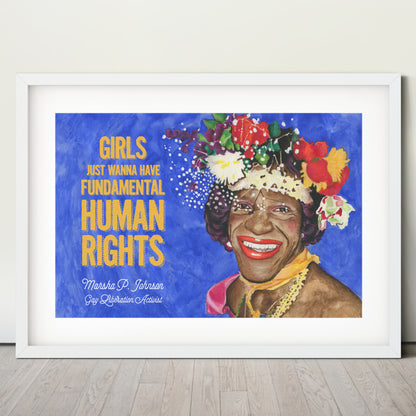 Marsha P. Johnson portrait, white frame with mat - Candid Almond